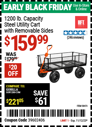 Buy the HFT 1200 lb. Capacity Steel Utility Cart with Removable Sides (Item 58473) for $159.99, valid through 11/12/2023.