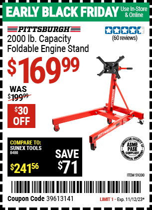 Buy the PITTSBURGH 2000 lb. Capacity Foldable Engine Stand (Item 59200) for $169.99, valid through 11/12/2023.