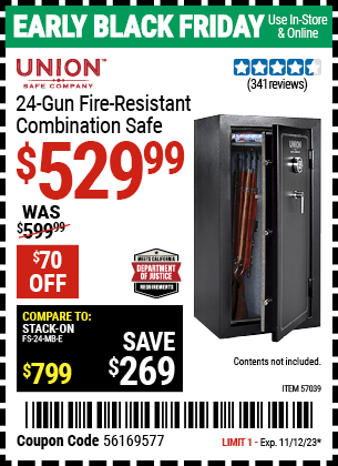 Buy the UNION SAFE COMPANY 24 Gun Fire Resistant Combination Safe (Item 57039) for $529.99, valid through 11/12/2023.