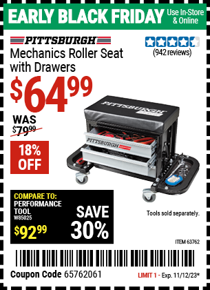 Buy the PITTSBURGH AUTOMOTIVE Mechanic's Roller Seat with Drawers (Item 63762) for $64.99, valid through 11/12/2023.