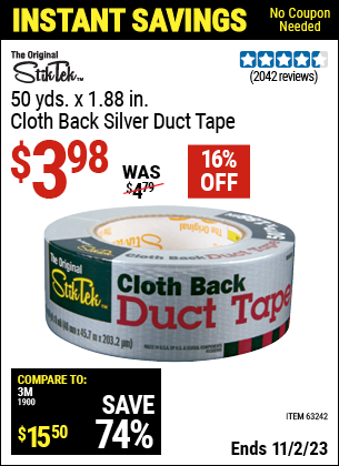 Buy the STIKTEK 50 Yds. x 1.88 in. Cloth Back Silver Duct Tape (Item 63242) for $3.98, valid through 11/22/2023.