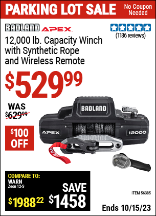 Buy the BADLAND APEX 12000 lb. Winch with Synthetic Rope and Wireless Remote (Item 56385) for $529.99, valid through 10/15/2023.