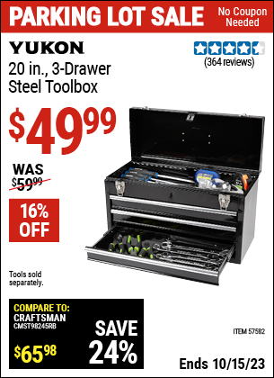 Buy the YUKON 20 in. 3 Drawer Steel Toolbox (Item 57582) for $49.99, valid through 10/15/2023.