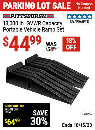 Buy the PITTSBURGH AUTOMOTIVE 13000 lb. Portable Vehicle Ramp Set (Item 63956) for $44.99, valid through 10/15/2023.