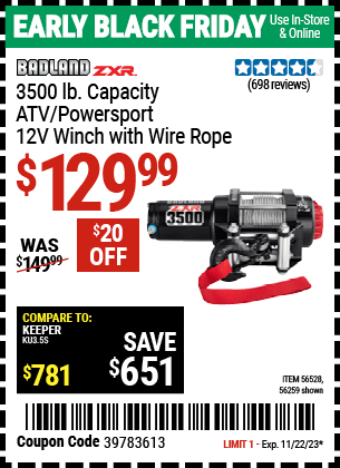 Buy the BADLAND ZXR 3500 lb. ATV/Powersport 12v Winch With Wire Rope (Item 56259/56528) for $129.99, valid through 11/22/2023.