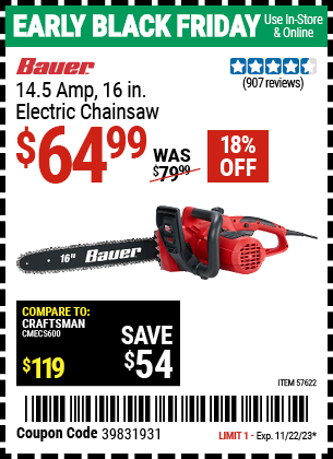 Buy the BAUER Corded 16 in. Electric Chainsaw (Item 57622) for $64.99, valid through 11/22/2023.