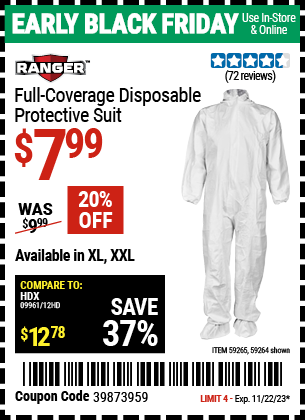 Buy the RANGER Full Coverage Disposable Protective Suit (Item 59264/59265) for $7.99, valid through 11/22/2023.
