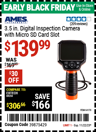 Buy the AMES Digital Video Inspection Camera (Item 64170) for $139.99, valid through 11/22/2023.