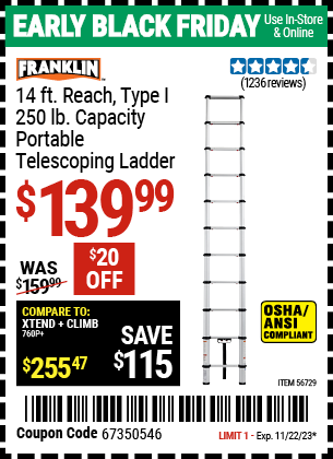Buy the FRANKLIN Portable 14 ft. Telescoping Ladder (Item 56729) for $139.99, valid through 11/22/2023.
