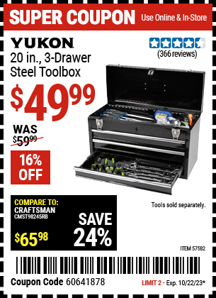 Buy the YUKON 20 in. 3 Drawer Steel Toolbox (Item 57582) for $49.99, valid through 10/22/2023.