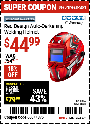 Buy the CHICAGO ELECTRIC Red Design Auto Darkening Welding Helmet (Item 63121/61612) for $44.99, valid through 10/22/2023.