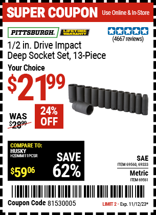 1/2 in. Drive SAE Impact Deep Socket Set, 13 Piece