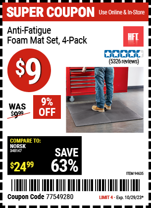 Buy the HFT Anti-Fatigue Foam Mat Set 4 Pc. (Item 94635) for $9, valid through 10/29/2023.
