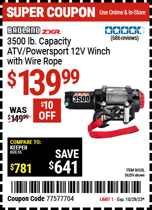 Buy the BADLAND ZXR 3500 lb. ATV/Powersport 12v Winch With Wire Rope (Item 56259/56528) for $139.99, valid through 10/29/2023.