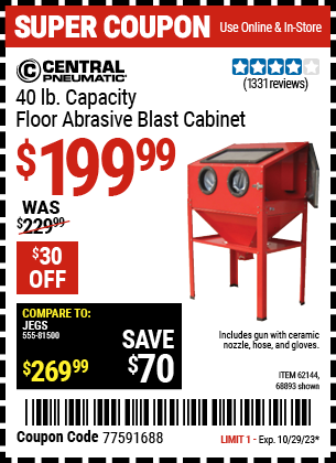 Buy the CENTRAL PNEUMATIC 40 lb. Capacity Floor Blast Cabinet (Item 68893/62144) for $199.99, valid through 10/29/2023.