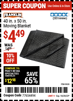 Buy the FRANKLIN 40 in. x 50 in. Moving Blanket (Item 58328) for $4.49, valid through 10/29/2023.