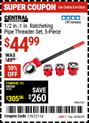 Buy the CENTRAL MACHINERY 1/2 in. (Item 57257) for $44.99, valid through 10/29/2023.