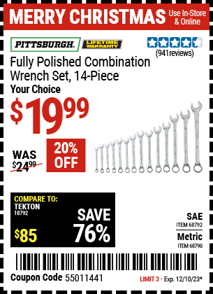 Buy the PITTSBURGH 14 Pc Fully Polished Metric Combination Wrench Set (Item 68790/68792) for $19.99, valid through 12/10/23.