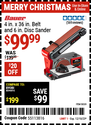 Buy the BAUER 4 in. X 36 in. Belt And 6 in. Disc Sander (Item 58339) for $99.99, valid through 12/10/23.