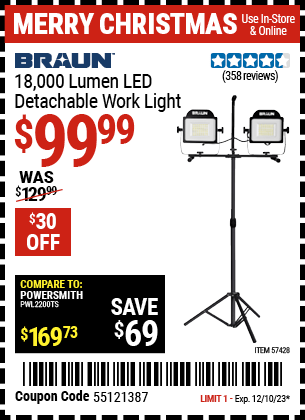 Buy the BRAUN 18-000 Lumen LED Detachable Work Light (Item 57428) for $99.99, valid through 12/10/23.