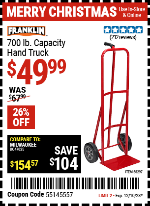 Buy the FRANKLIN 700 lb. Capacity Hand Truck (Item 58297) for $49.99, valid through 12/10/23.