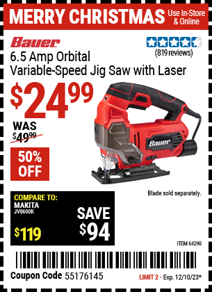 Buy the BAUER 6.5 Amp Heavy Duty Tool-Free Variable Speed Orbital Jig Saw With Laser (Item 64290) for $24.99, valid through 12/10/23.