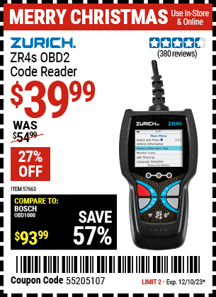 Buy the ZURICH ZR4S OBD2 Code Reader (Item 57663) for $39.99, valid through 12/10/23.