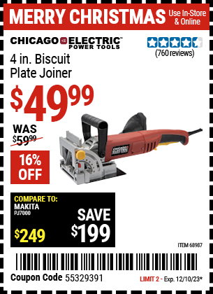 Buy the CHICAGO ELECTRIC 4 in. Biscuit Plate Joiner (Item 68987) for $49.99, valid through 12/10/23.