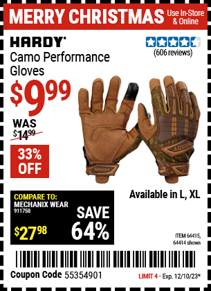 Buy the HARDY Camo Performance Gloves Large (Item 64414/64415) for $9.99, valid through 12/10/23.