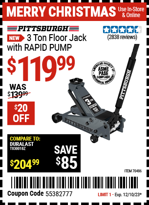Buy the PITTSBURGH 3 Ton Floor Jack with RAPID PUMP, Slate Gray (Item 70486) for $119.99, valid through 12/10/23.