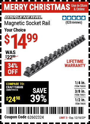 Buy the U.S. GENERAL 1/4 in. Magnetic Socket Rail (Item 70020/70021/70035) for $14.99, valid through 12/10/23.