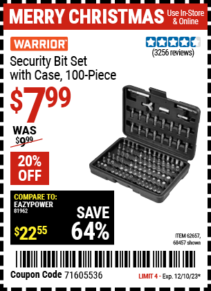 Buy the WARRIOR Security Bit Set with Case, 100 Pc. (Item 68457/62657) for $7.99, valid through 12/10/23.