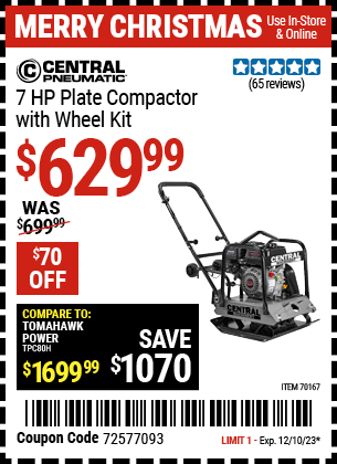 Buy the CENTRAL MACHINERY 6.5 HP Plate Compactor with Wheel Kit (Item 70167) for $629.99, valid through 12/10/23.