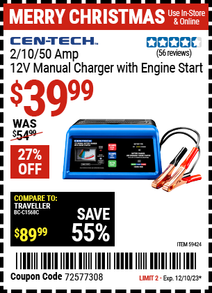 Buy the CEN-TECH2/10/50 Amp, 12V Manual Charger with Engine Start (Item 59424) for $39.99, valid through 12/10/23.