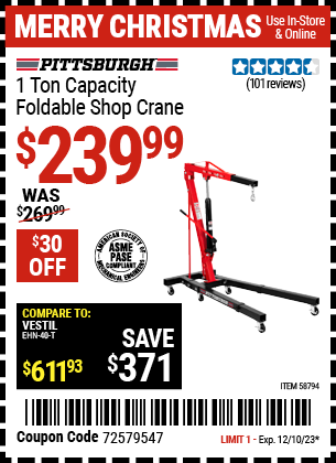 Buy the PITTSBURGH1 Ton Capacity Foldable Shop Crane (Item 58794) for $239.99, valid through 12/10/23.