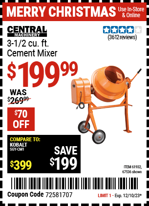 Buy the CENTRAL MACHINERY 3-1/2 Cubic ft. Cement Mixer (Item 67536/61932) for $199.99, valid through 12/10/23.
