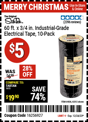 Buy the STIKTEK 3/4 In x 60 ft. Industrial Grade Electrical Tape 10 Pk. (Item 63312/64836) for $5, valid through 12/24/23.