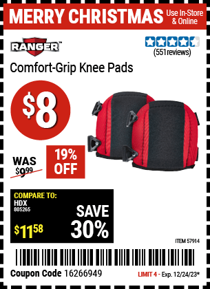 Buy the RANGER Comfort Grip Knee Pads (Item 57914) for $8, valid through 12/24/23.