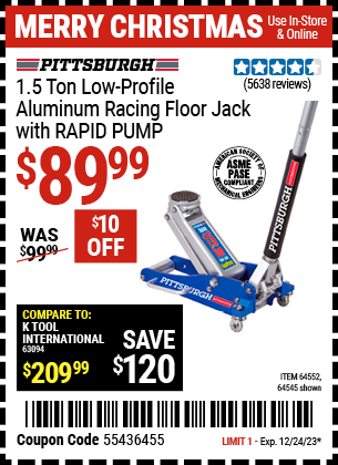 Buy the PITTSBURGH 1.5 Ton Aluminum Rapid Pump Racing Floor Jack (Item 64545/64552) for $89.99, valid through 12/24/23.