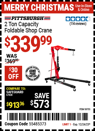 Buy the PITTSBURGH 2 Ton-Capacity Foldable Shop Crane (Item 58755) for $339.99, valid through 12/24/23.