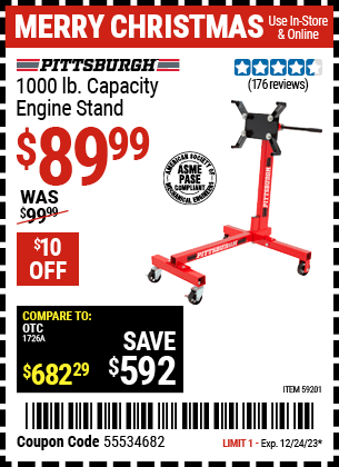 Buy the PITTSBURGH 1000 lb. Capacity Engine Stand (Item 59201) for $89.99, valid through 12/24/23.