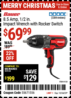 Buy the BAUER 1/2 in. Heavy Duty Extreme Torque Impact Wrench (Item 64120) for $69.99, valid through 12/24/23.
