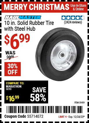 Buy the HAUL-MASTER 10 in. Solid Rubber Tire with Steel Hub (Item 35459) for $6.99, valid through 12/24/23.