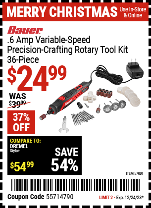 Buy the BAUER Variable Speed Precision Crafting Rotary Tool (Item 57001) for $24.99, valid through 12/24/23.