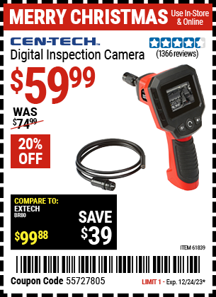 Buy the CEN-TECH Digital Inspection Camera (Item 61839) for $59.99, valid through 12/24/23.