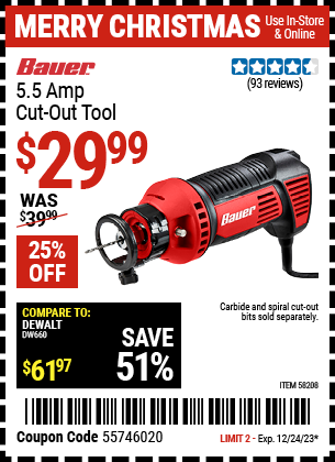 Buy the BAUER 5.5 Amp Cut-out Tool (Item 58208) for $29.99, valid through 12/24/23.