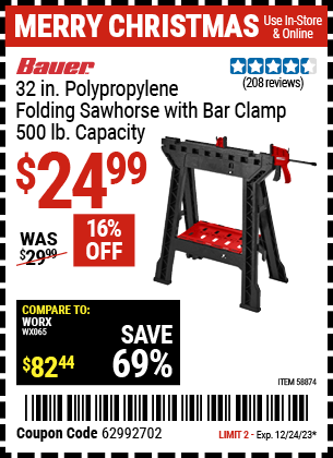 Buy the BAUER 32 in. Polypropylene Folding Sawhorse with Bar Clamp, 500 lb. Capacity (Item 58874) for $24.99, valid through 12/24/23.