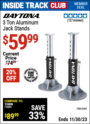 Inside Track Club members can buy the DAYTONA 3 Ton Aluminum Jack Stands (Item 56687) for $59.99, valid through 11/30/2023.