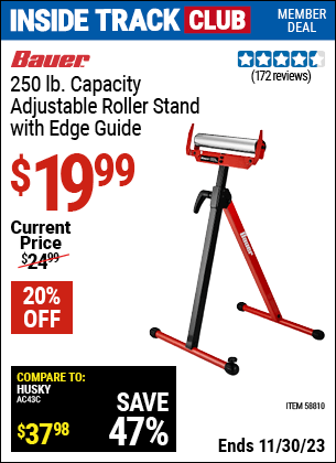 Inside Track Club members can buy the BAUER Adjustable Roller Stand with Edge Guide (Item 58810) for $19.99, valid through 11/30/2023.
