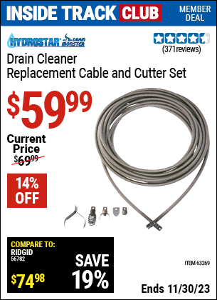 Inside Track Club members can buy the PACIFIC HYDROSTAR Drain Cleaner Replacement Cable and Cutter Set (Item 63269) for $59.99, valid through 11/30/2023.
